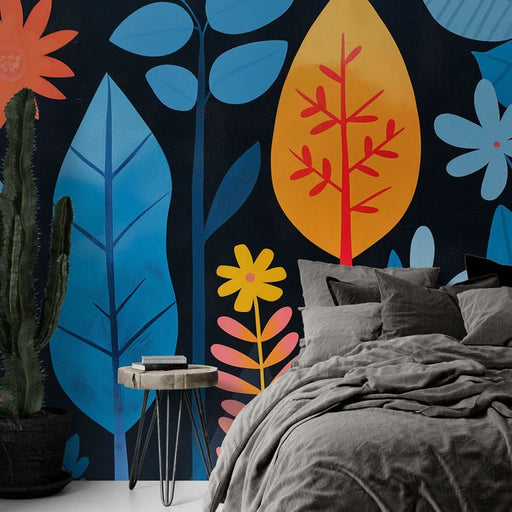 Dark Night Flower and Plant Wallpaper Mural | Colorful Geometric Plants - Carving wallpaper