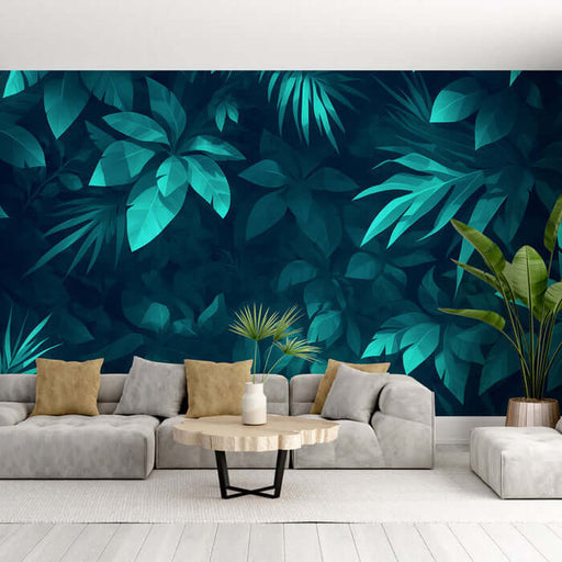 Dark leaf wallpaper | Living room and bedroom decorative murals feature lush dark green rainforest leaves for a serene, high-end backdrop in modern living spaces.