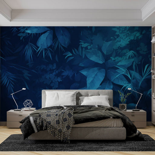 Deep Blue Plant Wallpaper Mural | Quiet Leaves - Carving wallpaper