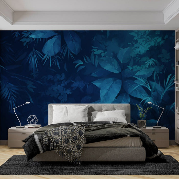 Deep Blue Plant Wallpaper Mural | Quiet Leaves - Carving wallpaper