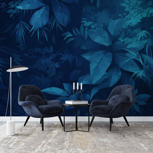 Deep Blue Plant Wallpaper Mural | Quiet Leaves - Carving wallpaper