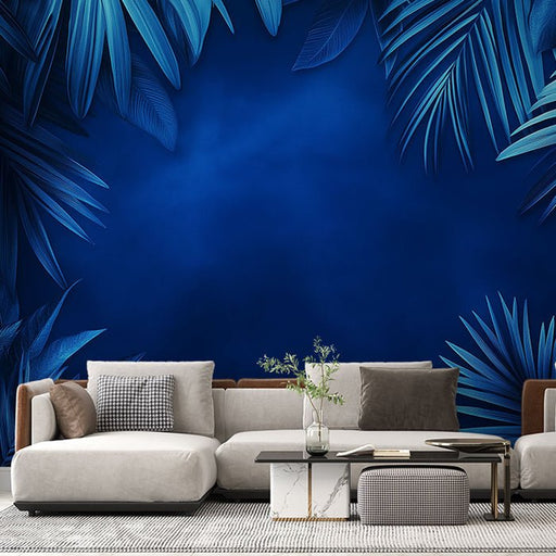 Deep blue tropical plant wallpaper mural | Rainforest leaves - Carving wallpaper