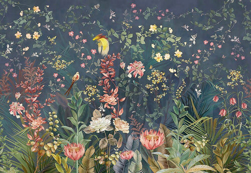Deep Blue Tropical Wallpaper Mural | Hand-Painted Jungle with Exotic Birds & Botanicals: a lush navy scene featuring hand-painted botanicals, exotic birds, and tropical flora