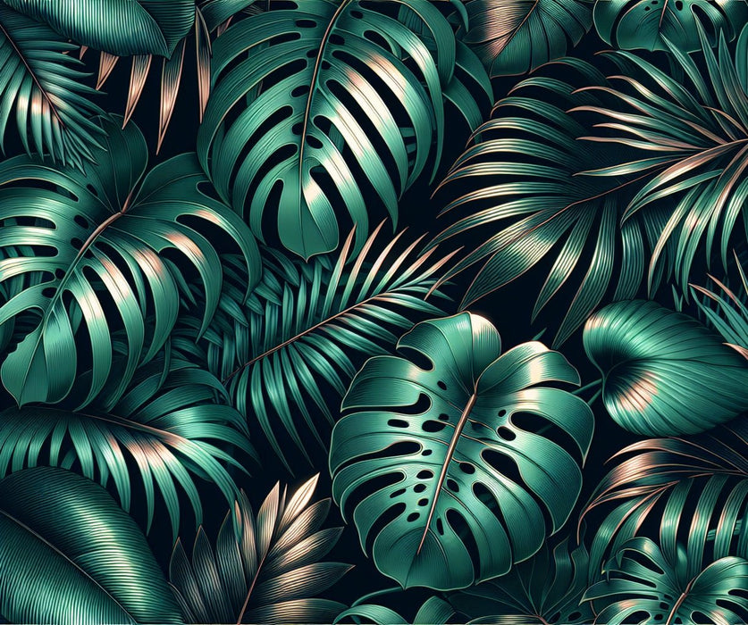 Deep green broad - leaved wallpaper mural | Palm leaves - Carving wallpaper