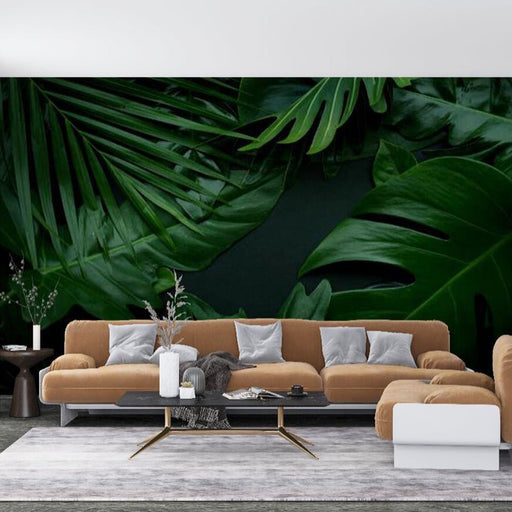 Deep green tropical plant mural wallpaper | Deep green leaves - Carving wallpaper