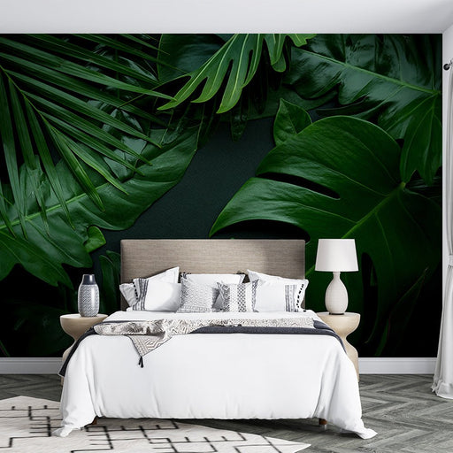 Deep green tropical plant mural wallpaper | Deep green leaves - Carving wallpaper