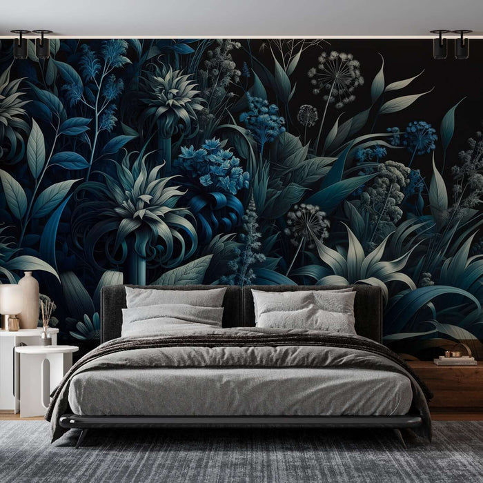 Deep sea blue-green plant wallpaper | Living room and bedroom decoration murals features lush dark blue and green tropical flora for a serene, luxury backdrop in living rooms and bedrooms.