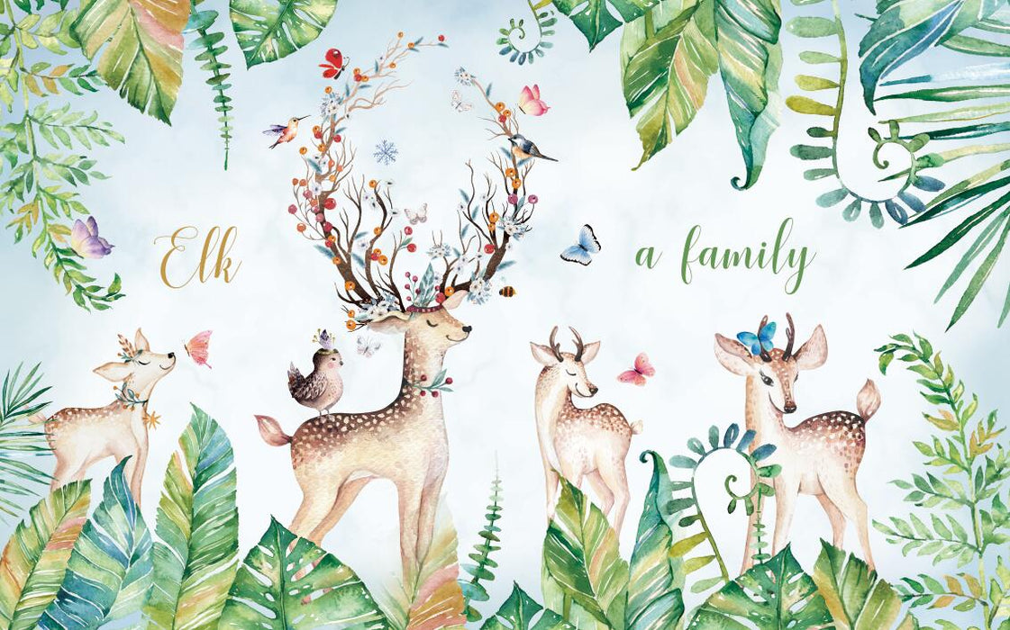 Deer herd mural wallpaper | Watercolor deer and green plant children's wallpaper - Carving wallpaper