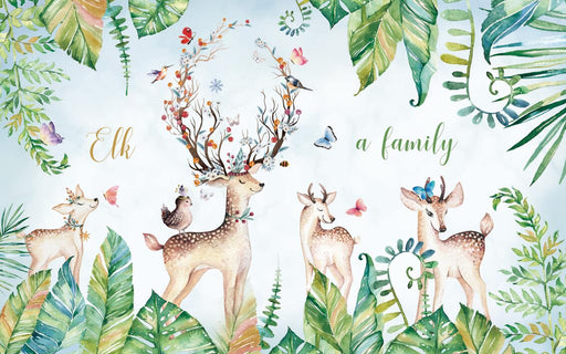 Deer herd mural wallpaper | Watercolor deer and green plant children's wallpaper - Carving wallpaper