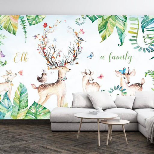 Deer herd mural wallpaper | Watercolor deer and green plant children's wallpaper - Carving wallpaper