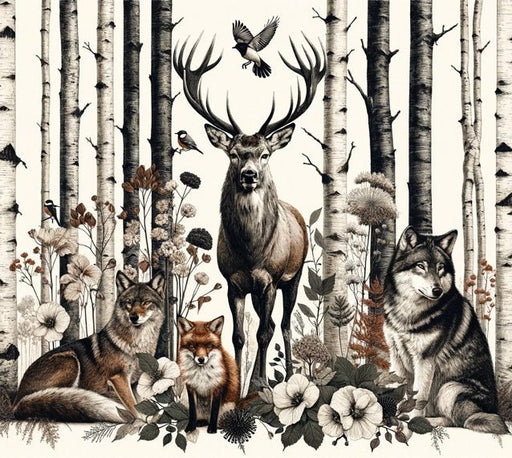 Deer Wallpaper Mural | Forest Animals, Retro Illustrations - Carving wallpaper