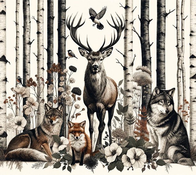 Deer Wallpaper Mural | Forest Animals, Retro Illustrations - Carving wallpaper