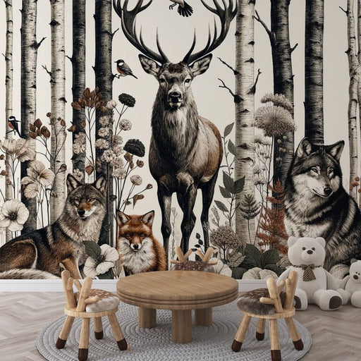 Deer Wallpaper Mural | Forest Animals, Retro Illustrations - Carving wallpaper
