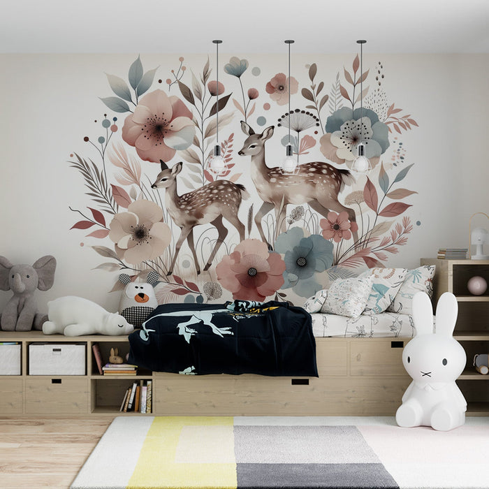 Deer Wallpaper Mural | Red and Blue Flower Decoration - Carving wallpaper