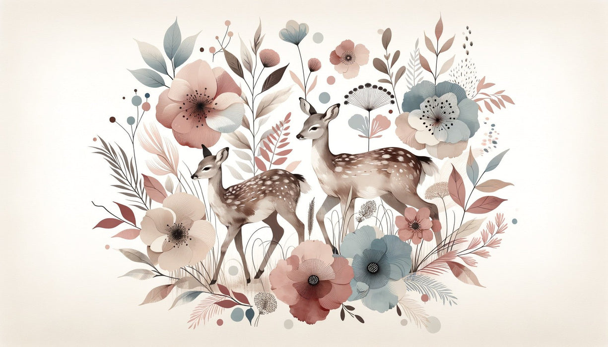 Deer Wallpaper Mural | Red and Blue Flower Decoration - Carving wallpaper