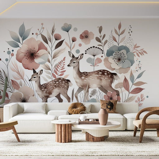 Deer Wallpaper Mural | Red and Blue Flower Decoration - Carving wallpaper