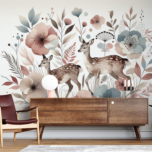 Deer Wallpaper Mural | Red and Blue Flower Decoration - Carving wallpaper