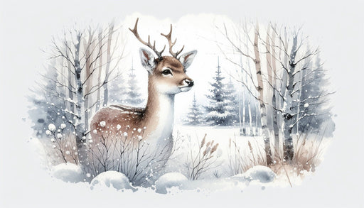 Deer Wallpaper Mural | Snowy Forest in Watercolor Painting - Carving wallpaper