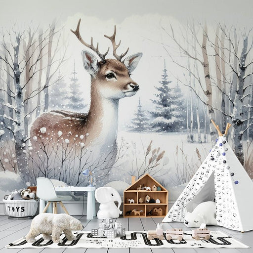 Deer Wallpaper Mural | Snowy Forest in Watercolor Painting - Carving wallpaper