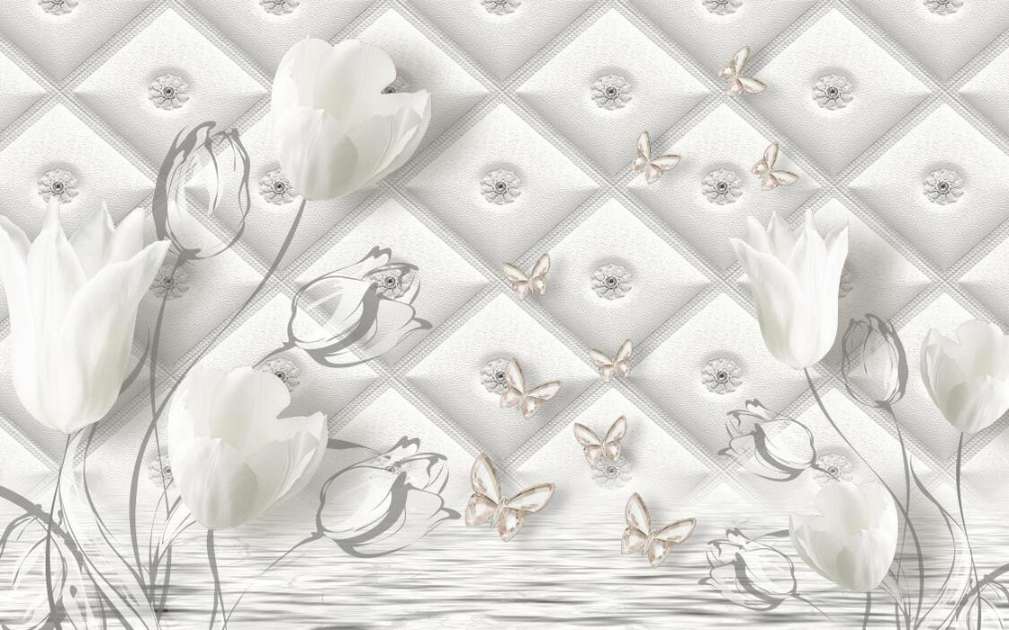 Diamond check wallpaper mural | elegant flowers and butterflies - Carving wallpaper