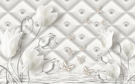 Diamond check wallpaper mural | elegant flowers and butterflies - Carving wallpaper