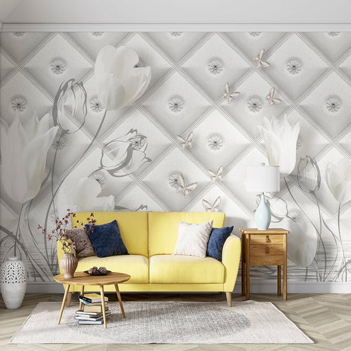 Diamond check wallpaper mural | elegant flowers and butterflies - Carving wallpaper