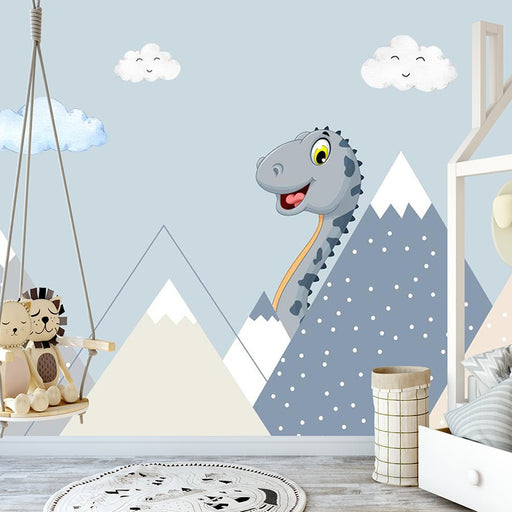 Dinosaur children's wallpaper mural | A cute dinosaur peeks out from behind a mountain peak - Carving wallpaper