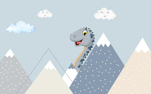 Dinosaur children's wallpaper mural | A cute dinosaur peeks out from behind a mountain peak - Carving wallpaper
