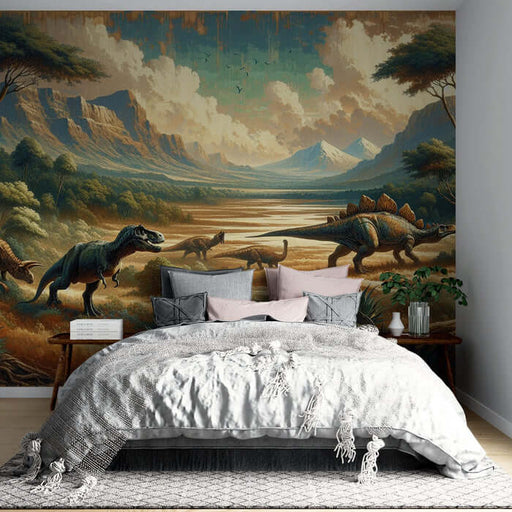 Dinosaur mural wallpaper | Dinosaur retro style in the mountains – prehistoric battlefield scene with dinosaurs in a valley, mural wallpaper for kids' rooms
