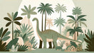 Dinosaur wallpaper | Children's room, playful decorative wall paintings with retro dinosaur rainforest scene in soft Morandi tones for parent-child spaces