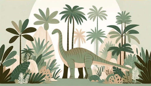 Dinosaur wallpaper | Children's room, playful decorative wall paintings with retro dinosaur rainforest scene in soft Morandi tones for parent-child spaces