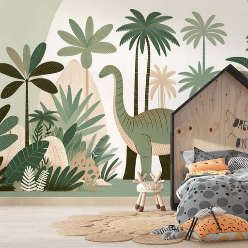 Dinosaur wallpaper | Children's room, playful decorative wall paintings featuring soft green dinosaurs among tropical plants for a warm, playful kids' space