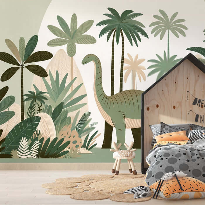 Dinosaur wallpaper | Children's room, playful decorative wall paintings featuring soft green dinosaurs among tropical plants for a warm, playful kids' space