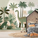 Dinosaur wallpaper | Children's room, playful decorative wall paintings featuring soft green dinosaurs among tropical plants for a warm, playful kids' space