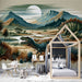 Dinosaur Wallpaper Mural | Children's Room Fun Decorative Wallpaper - vibrant retro dinosaur wonderland mural in a child's room with mountains, sunset, and cozy canopy bed