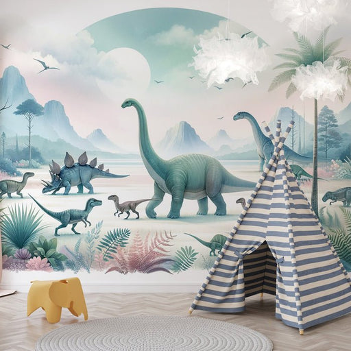 Dinosaur Wallpaper Mural | Full Moon and Colorful Dinosaurs - Carving wallpaper