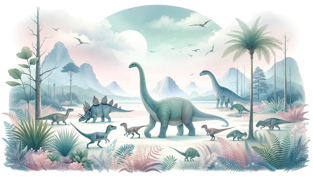 Dinosaur Wallpaper Mural | Full Moon and Colorful Dinosaurs - Carving wallpaper