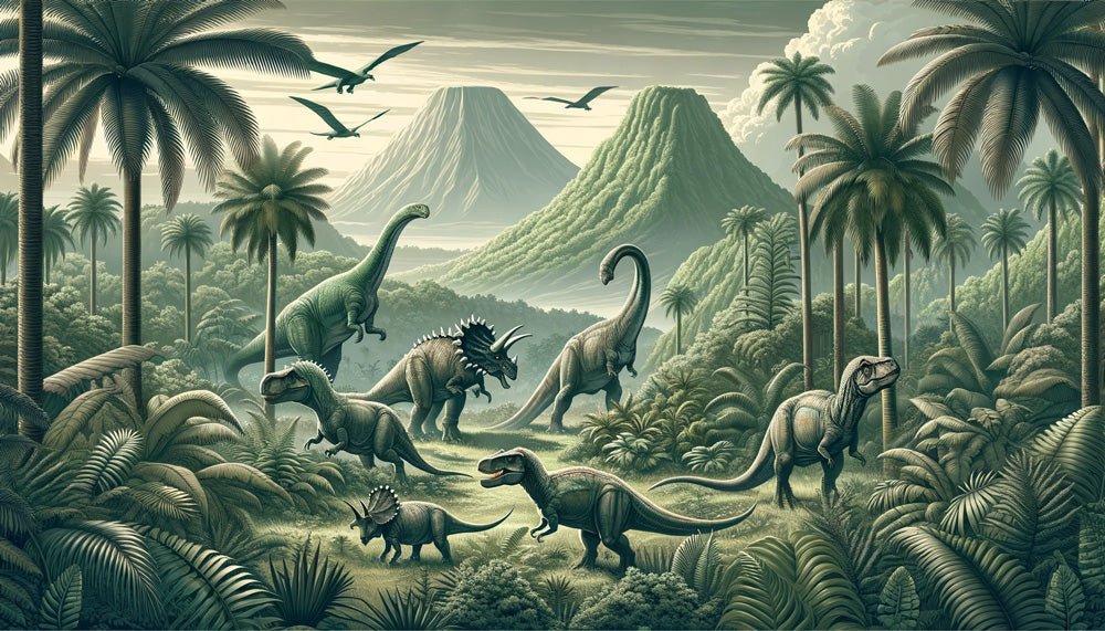 Dinosaur Wallpaper Mural | Green Realistic Landscape - Carving wallpaper