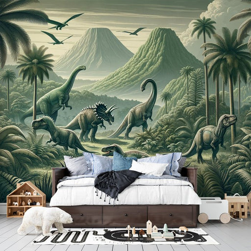 Dinosaur Wallpaper Mural | Green Realistic Landscape - Carving wallpaper
