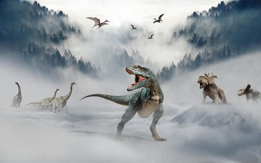 Dinosaur Wallpaper Mural | Misty Forest - Carving wallpaper
