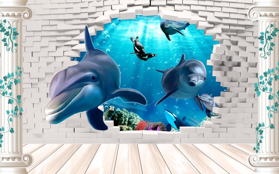 Dolphin Wallpaper | 3D Marine Animal Mural - Carving wallpaper