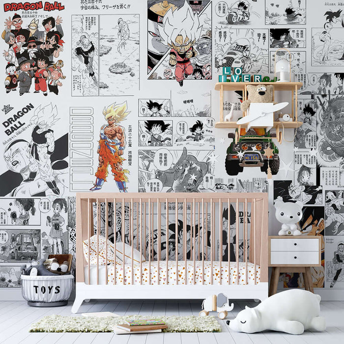 Dragon Ball Manga Wallpaper Mural - Classic Black & White Art: manga-style wall mural featuring iconic Dragon Ball scenes and characters for bedroom or playroom decor