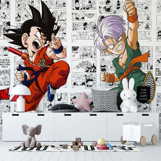 Dragon Ball Z Anime Wallpaper Mural | Manga Storyboard Kids Room Decor | Passionate Anime Theme with iconic characters Goku and Trunks, dynamic manga panels backdrop
