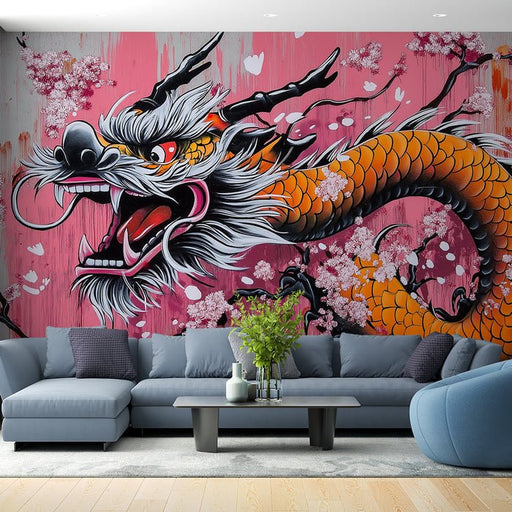 Dragon themed wallpaper mural | Cherry blossoms - Carving wallpaper