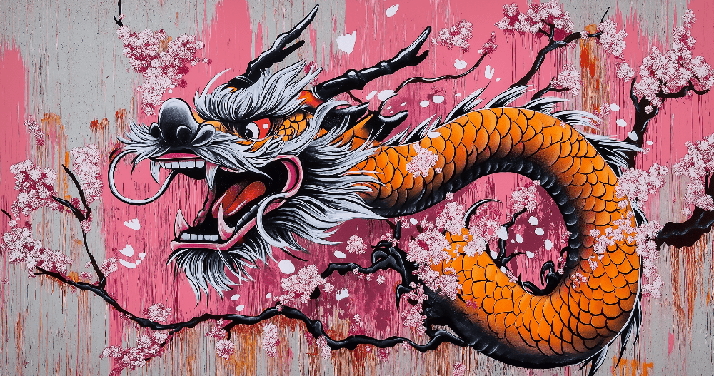 Dragon themed wallpaper mural | Cherry blossoms - Carving wallpaper