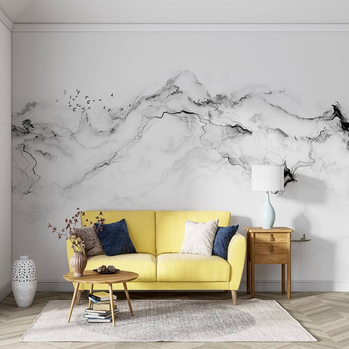 Dramatic Ink Wash Mountain Mural | Black & White Flying Birds | Zen Wallpaper for Bedroom & Living Room