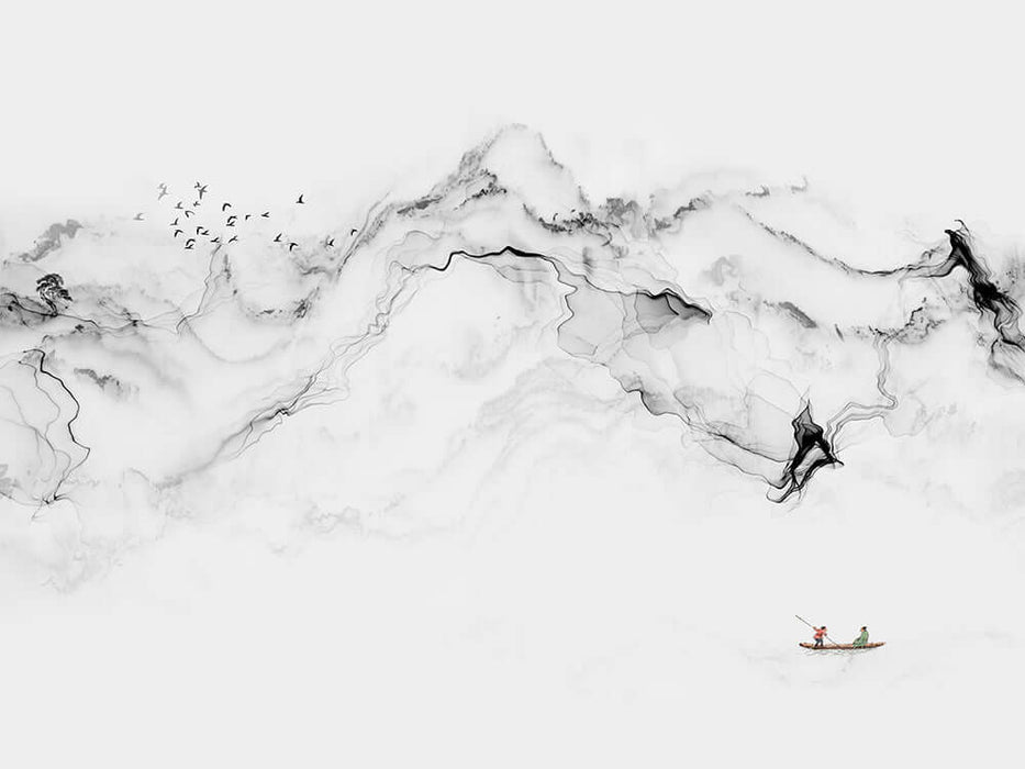 Dramatic Ink Wash Mountain Mural | Black & White Flying Birds | Zen Wallpaper for Bedroom & Living Room