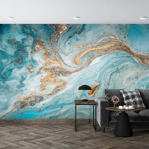 Dreamy Fluid Mural Wallpaper | Blue Gold Interweaving Showcases Luxury and Dynamic Performance - Carving wallpaper