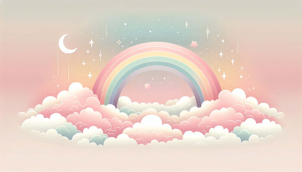 Dreamy Rainbow Mural Wallpaper – Pink Clouds, Stars & Crescent Moon | Magical Kids Room Decor