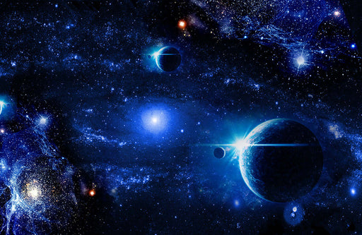 Dreamy Starry Sky Wallpaper Mural | Creating a Space Bedroom Background - immersive cosmic scene with deep blue nebula gradients, stars and planets for a space-themed wall mural